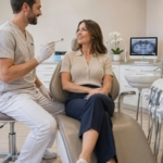 Sedation dentistry South Bend patient relaxing while talking with her dentist