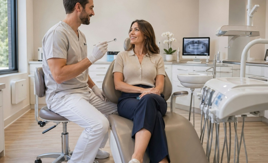 Sedation dentistry South Bend patient relaxing while talking with her dentist