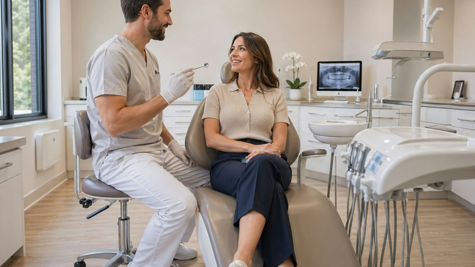 Sedation dentistry South Bend patient relaxing while talking with her dentist
